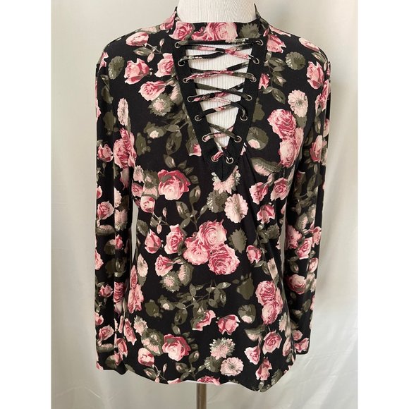 Hot Kiss Tops - Hot Kiss Black Floral Print Long Sleeve Low V-Neck Strap Shirt